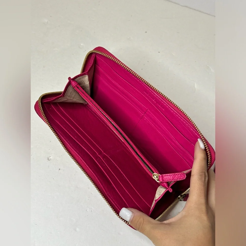 MICHAEL KORS Logo Embossed Pink Leather Zip Around Continental Wallet